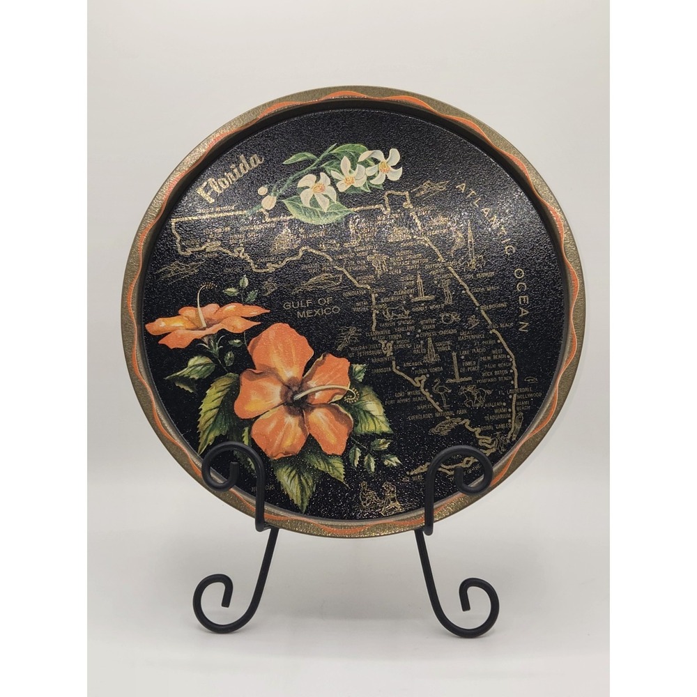 Vintage Florida Souvenir Metal Tray Orange Blossom Hibiscus State Map 11"